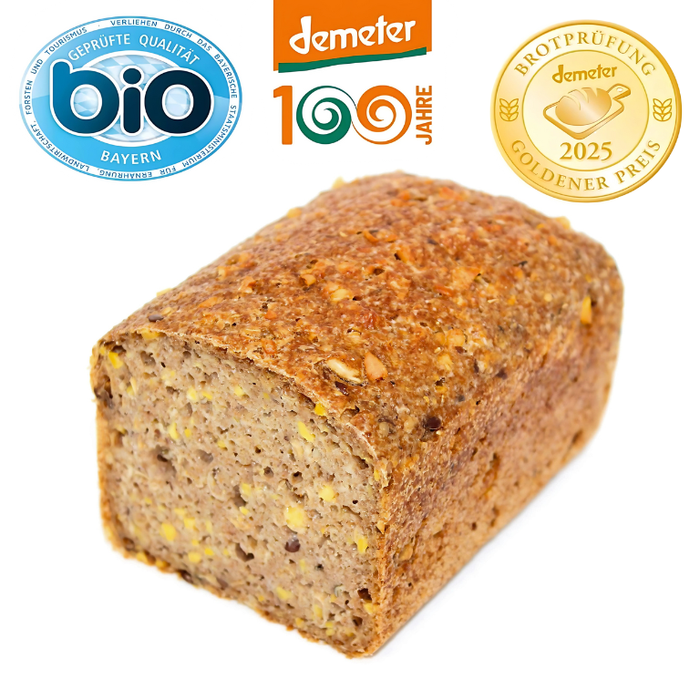EiweißBrot aus Bettinas Keimbackstube – handgebackenes Brot aus gekeimtem Demeter-Dinkel mit Lupinen, Hanfsamen und Leinsamen.